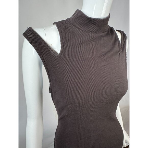 Free People Brown Ribbed LG Cold Shoulder Bodysuit With Mock Neck By Intimately - Picture 9 of 16